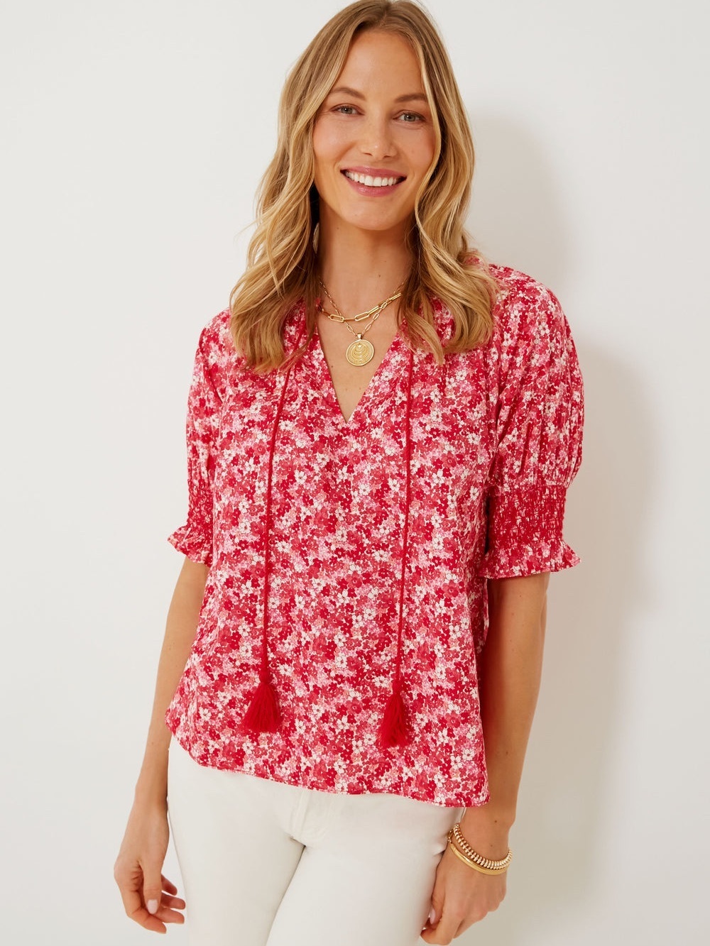 Tuckernuck Hyacinth House Red and Pink Floral V-Neck Colleen Blouse size XXL
